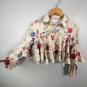 Aquamar Top Women Medium Beige Floral Ruffle Sleeve Crop Boho Fairy Hippie